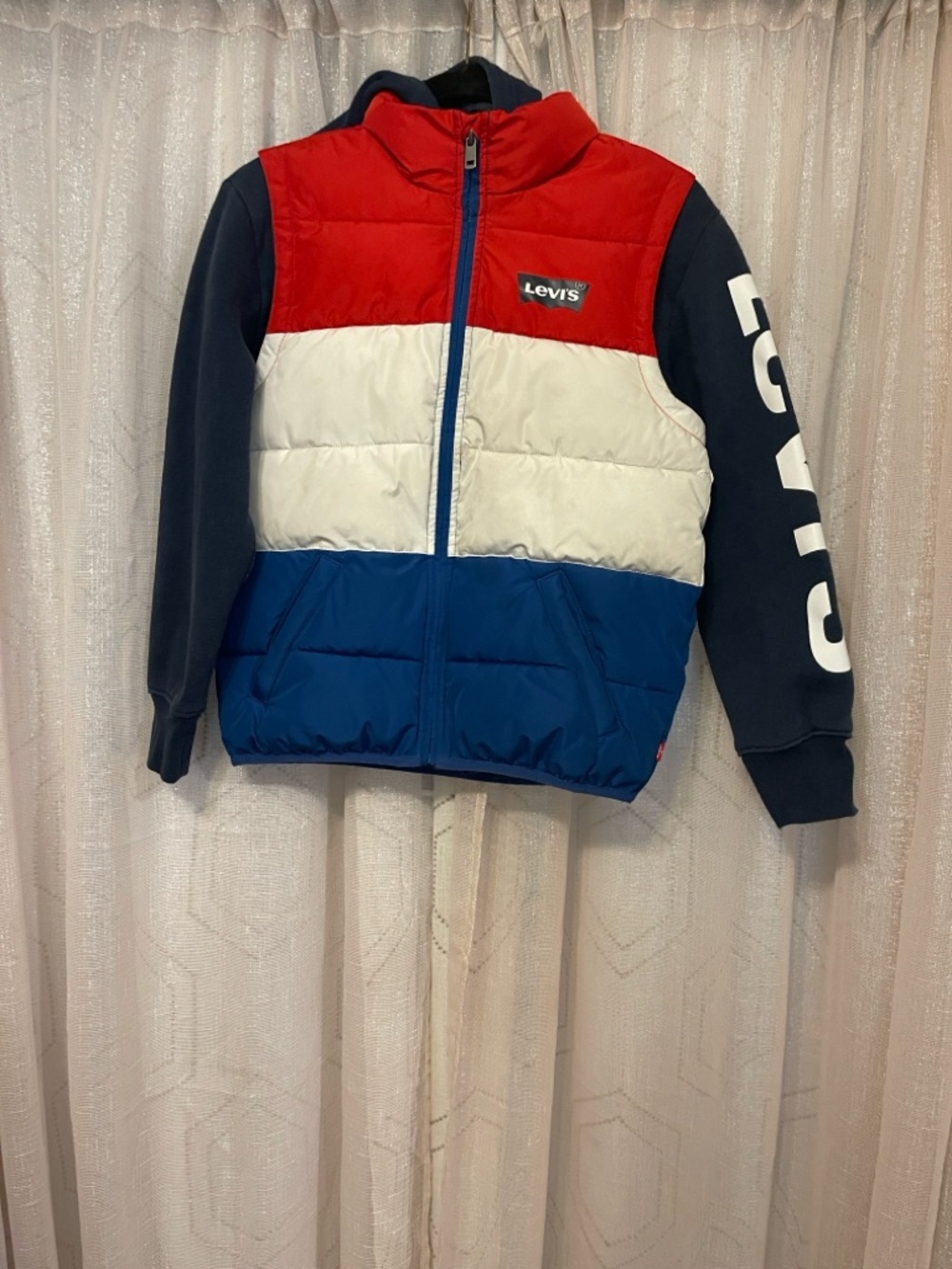Levi's Kids Red White and Blue Colorblock Puffer Jacket with Logo Sleeve